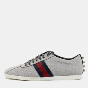 Gucci Silver Glitter Bambi Web Studded Low Top Sneakers Size 40