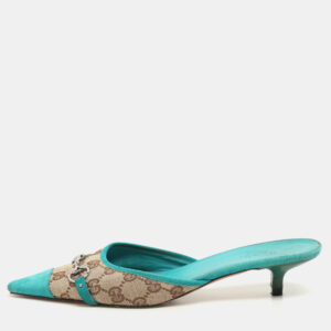 Gucci Blue/Beige GG Canvas and Suede Horsebit Mules Size 37.5