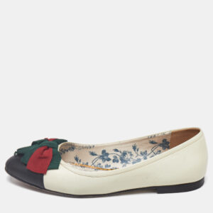 Gucci Off White/Black Leather Web Bow Cap Toe Ballet Flats Size 37