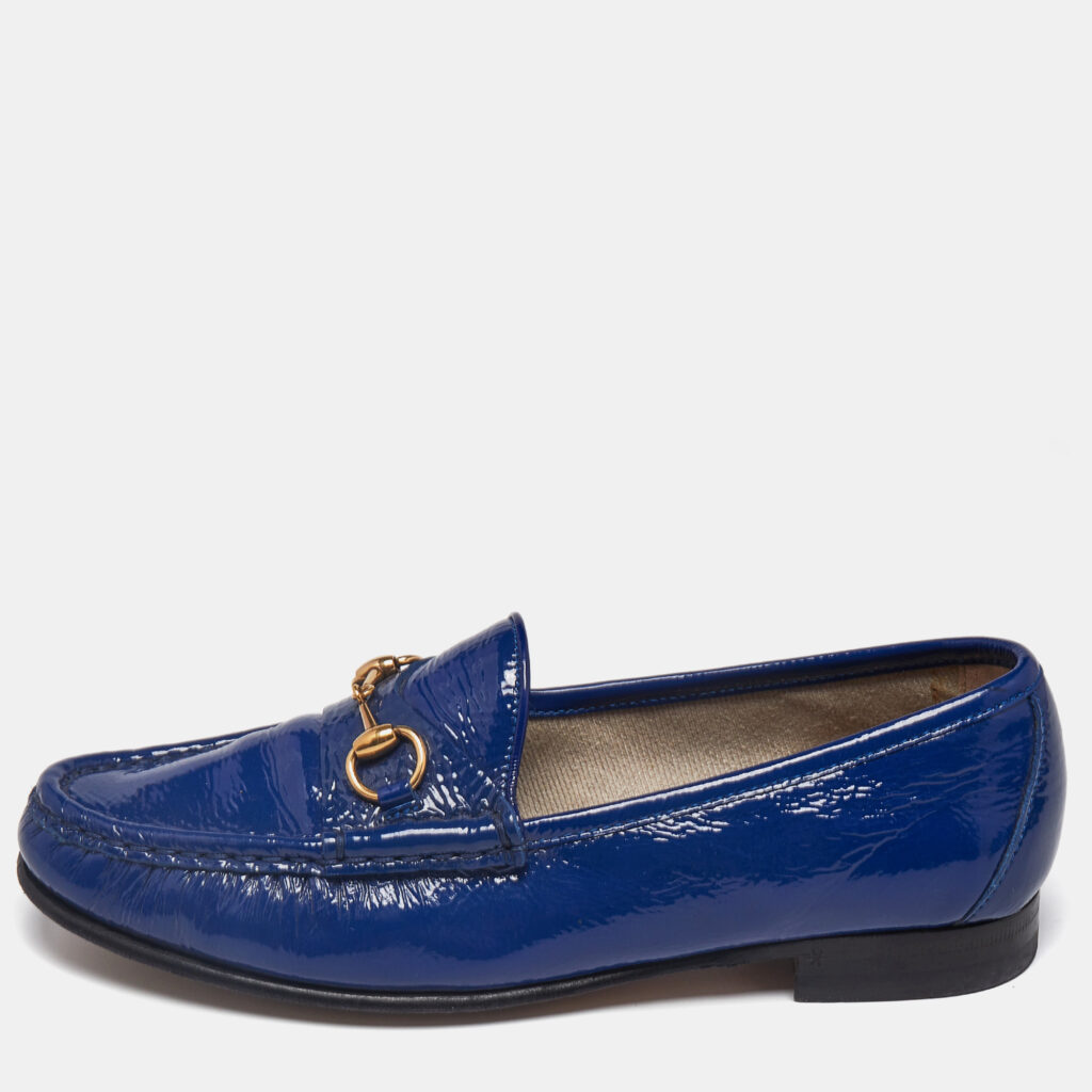 luxury-women-gucci-used-shoes-p1144602-001 Gucci Blue Patent Leather 1953 Horsebit Slip On Loafers Size 37