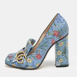 gucci blue floral print leather gg marmont fringe pumps size 36