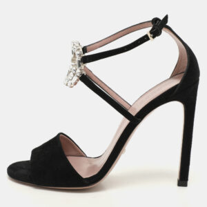 Gucci Black Suede Crystal Embellished GG Interlock Ankle Strap Sandals Size 36