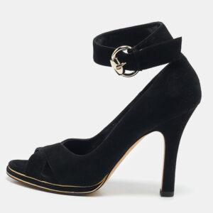 Gucci Black Suede Peep Toe Ankle Strap Pumps Size 36