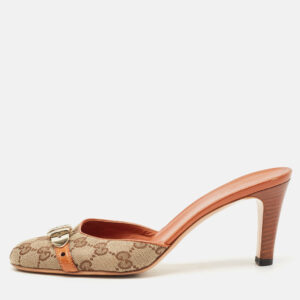 Gucci Grey/Brown Canvas and Leather Mules Size 38.5