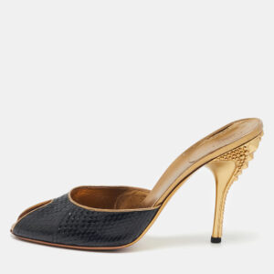 Gucci Black/Gold Snakeskin and Leather Slide Sandals Size 40