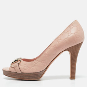 Gucci Pink Guccissima Leather Horsebit Peep Toe Pumps Size 38.5