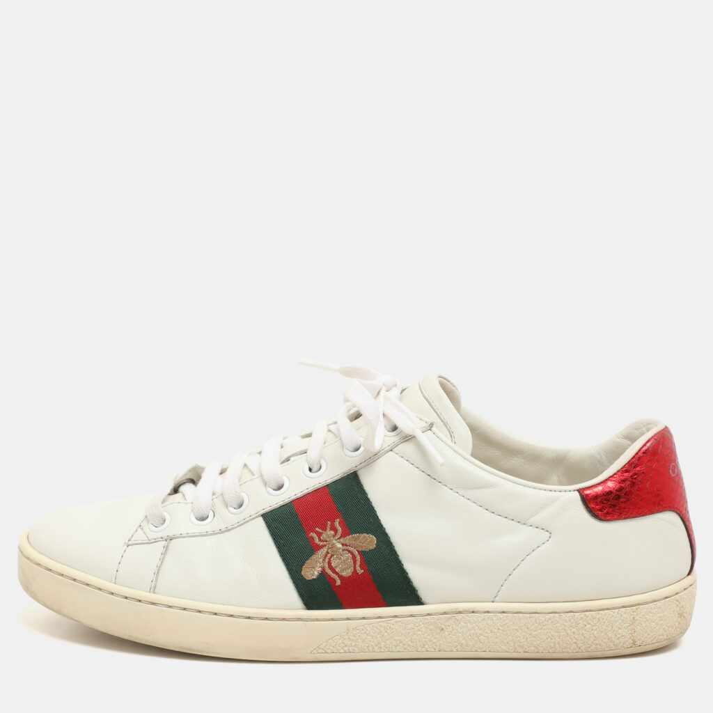 luxury-women-gucci-used-shoes-p1148403-001 Gucci White Leather Embroidered Bee Ace Low Top Sneakers Size 37.5