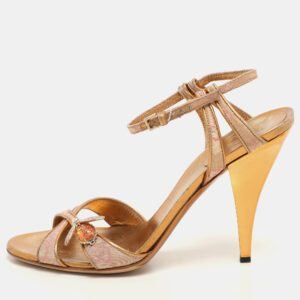 Gucci Gold/Pink Brocade Fabric and Leather Bee Embellished Ankle Strap Sandals Size 37.5