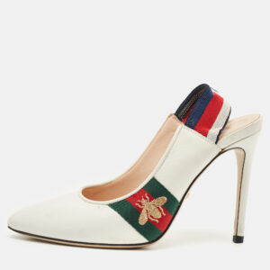 Gucci White Leather Bee Web Detail Sylvie Slingback Pumps Size 36.5