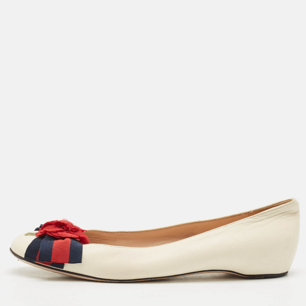 luxury-women-gucci-used-shoes-p1148577-010 Gucci Cream Leather Web Bow Rose Detail Ballet Flats Size 37