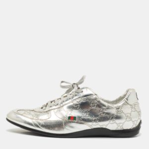 Gucci Silver Guccissima Leather Low Top Sneakers Size 38.5