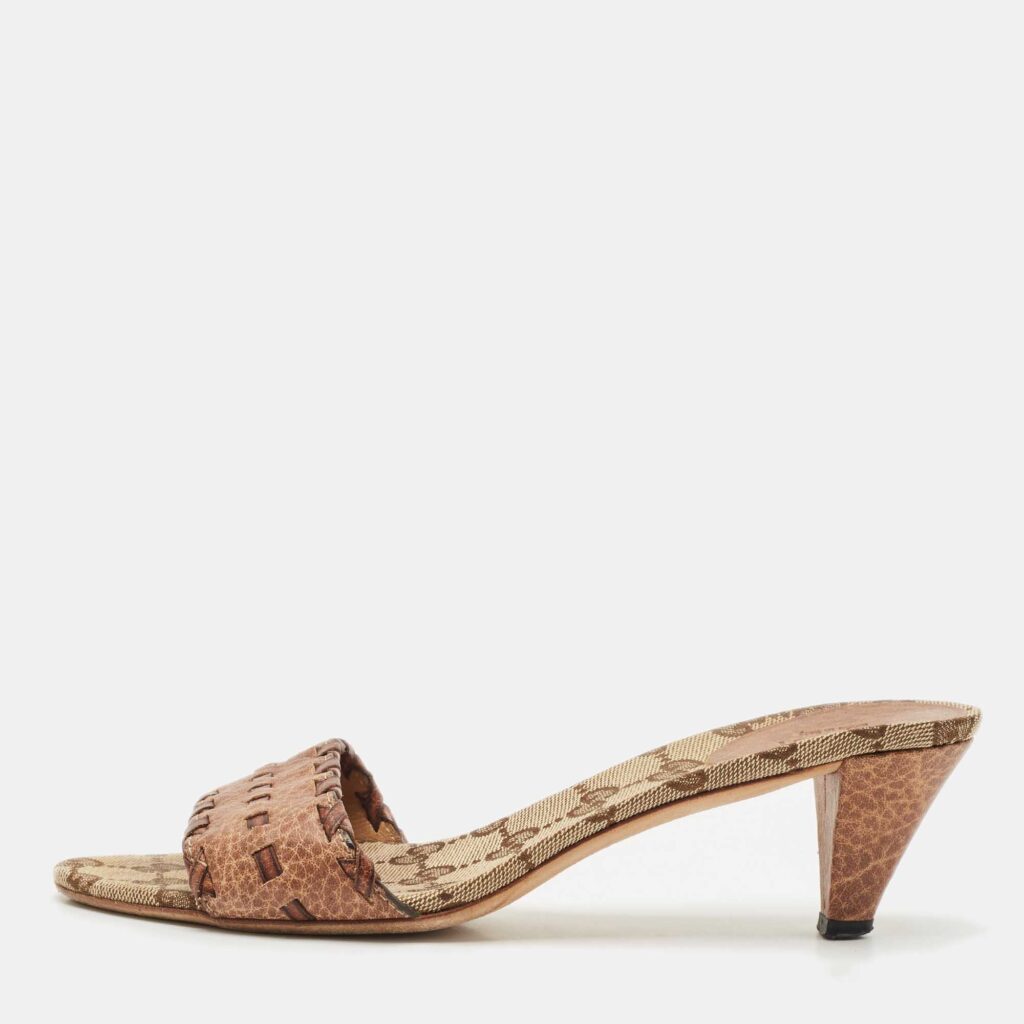 luxury-women-gucci-used-shoes-p1149261-003 Gucci Brown Leather and GG Canvas Slide Sandals Size 37.5
