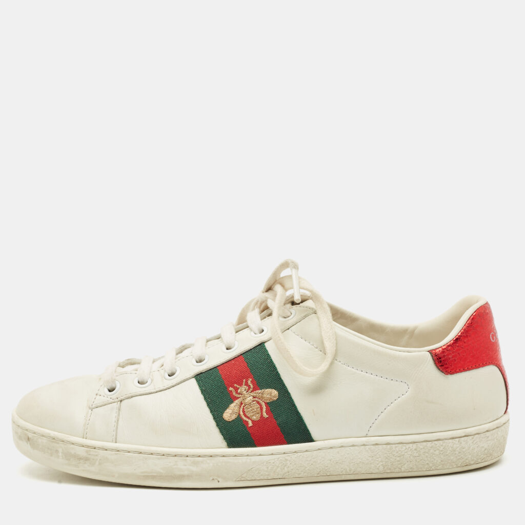 luxury-women-gucci-used-shoes-p1150141-001 Gucci White Leather Ace Bee Embroidered Low Top Sneakers Size 38