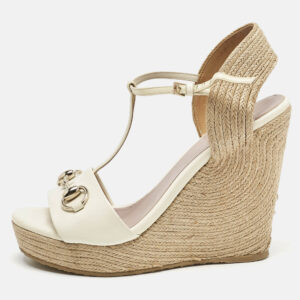 Gucci White Patent Leather Horsebit T-Strap Espadrille Platform Wedge Sandals Size 37
