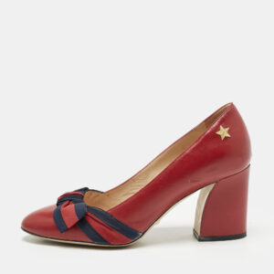 Gucci Red Leather Web Bow Block Heel Pumps Size 36.5