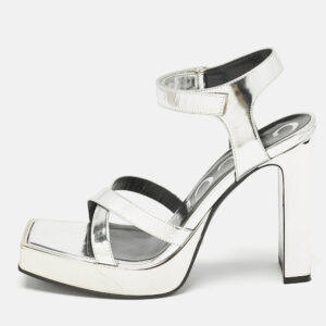 Gucci Silver Leather Buckle&nbsp;Crystal Embellished Ankle Strap Platform Sandals Size 36