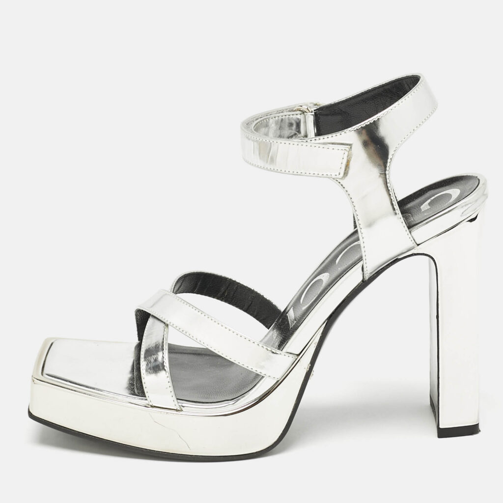 luxury-women-gucci-used-shoes-p1152430-010 Gucci Silver Leather Buckle Crystal Embellished Ankle Strap Platform Sandals Size 36