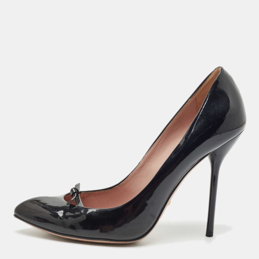 luxury-women-gucci-used-shoes-p1152455-003 Gucci Black Patent Leather Knotted Bow Pointed Toe Pumps Size 38.5
