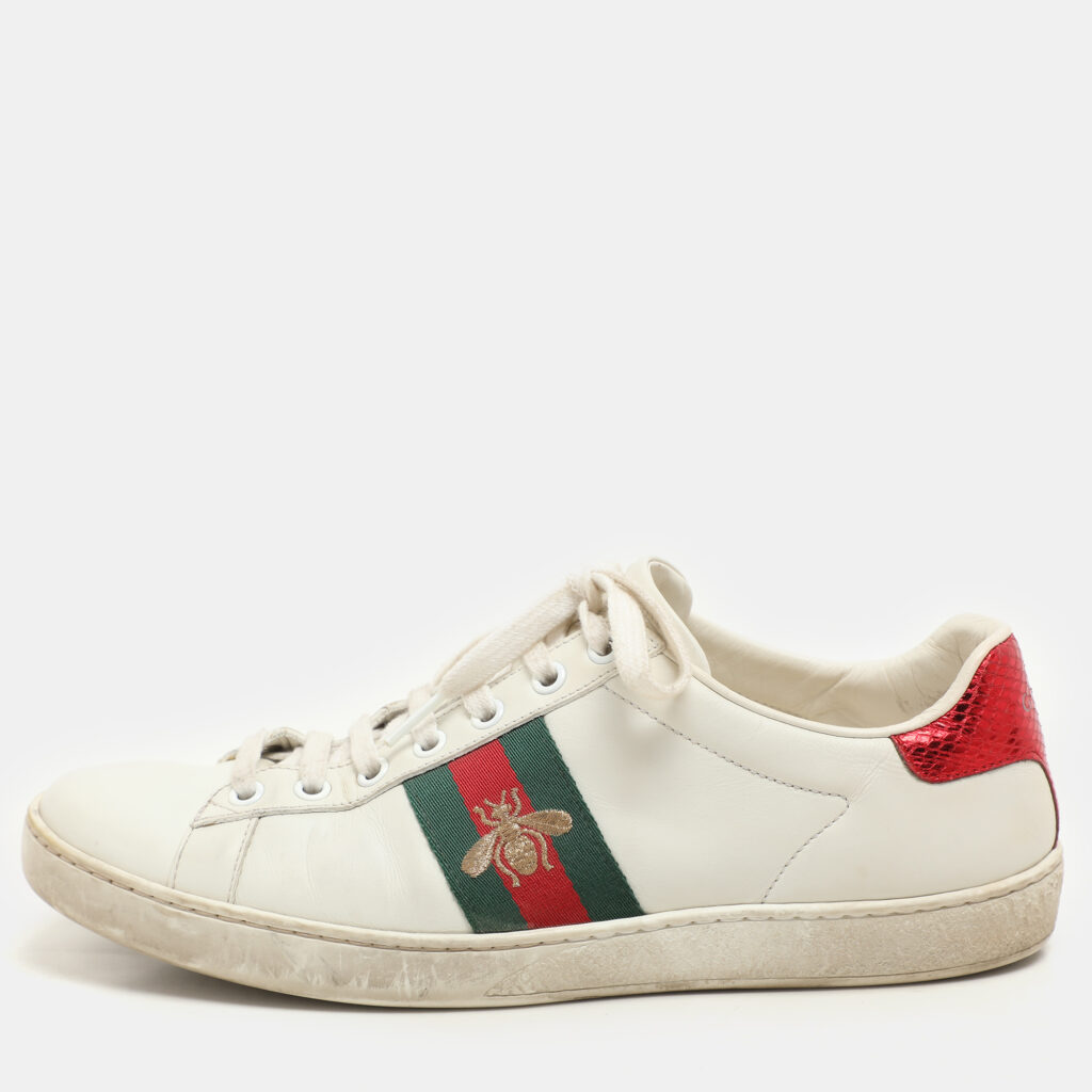 luxury-women-gucci-used-shoes-p1153131-007 Gucci White Leather Leather Ace Bee Embroidered Low Top Sneakers Size 39