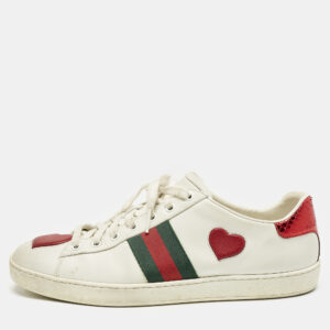 gucci white leather ace web heart detail lace up sneaker size 41