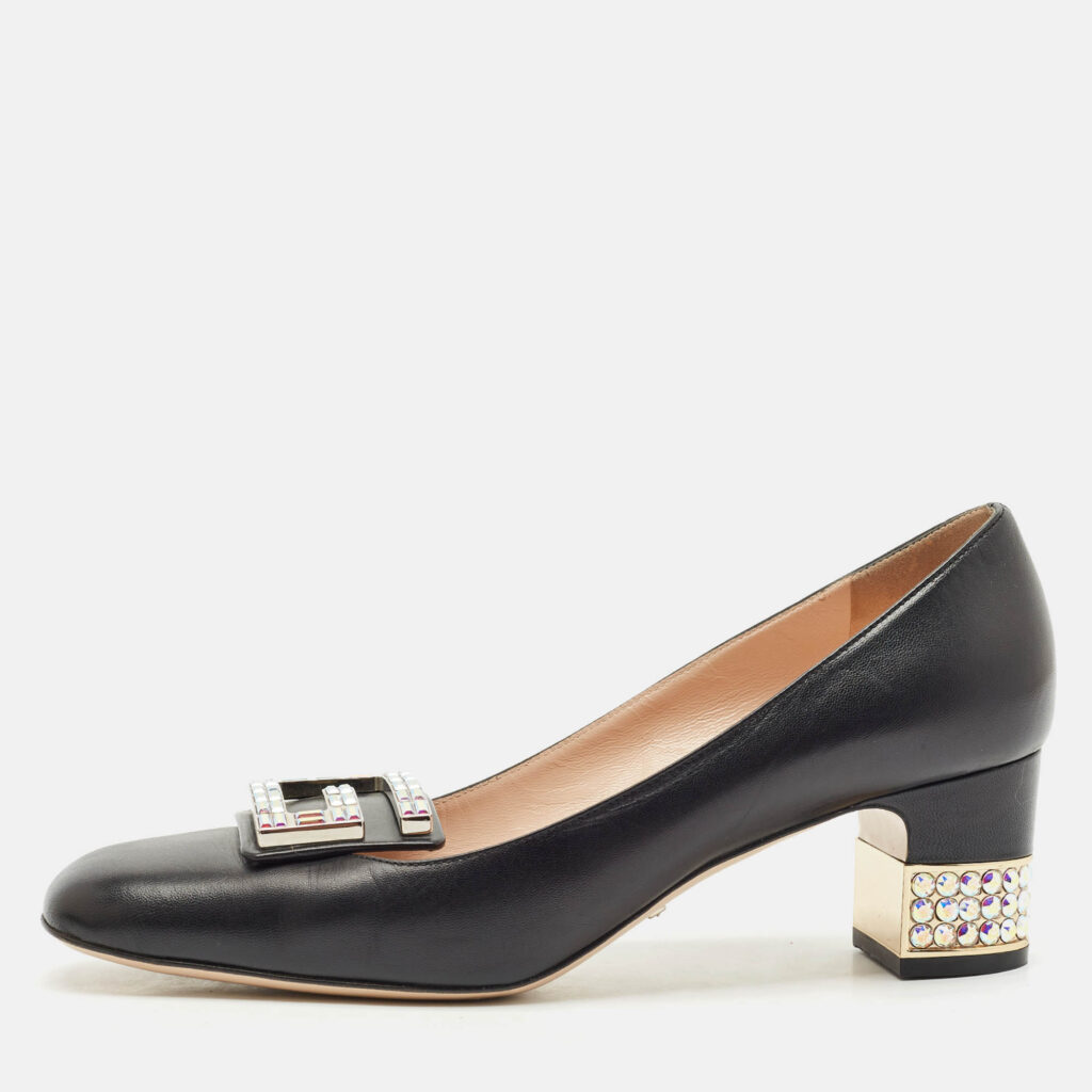 luxury-women-gucci-used-shoes-p1153807-010 Gucci Black Leather G Crystals Buckle Pumps Size 40.5