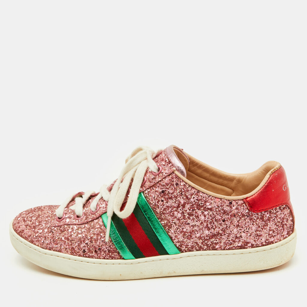 luxury-women-gucci-used-shoes-p1154189-003 Gucci Pink Glitter and Leather Ace Web Detail Low Top Sneakers Size 36