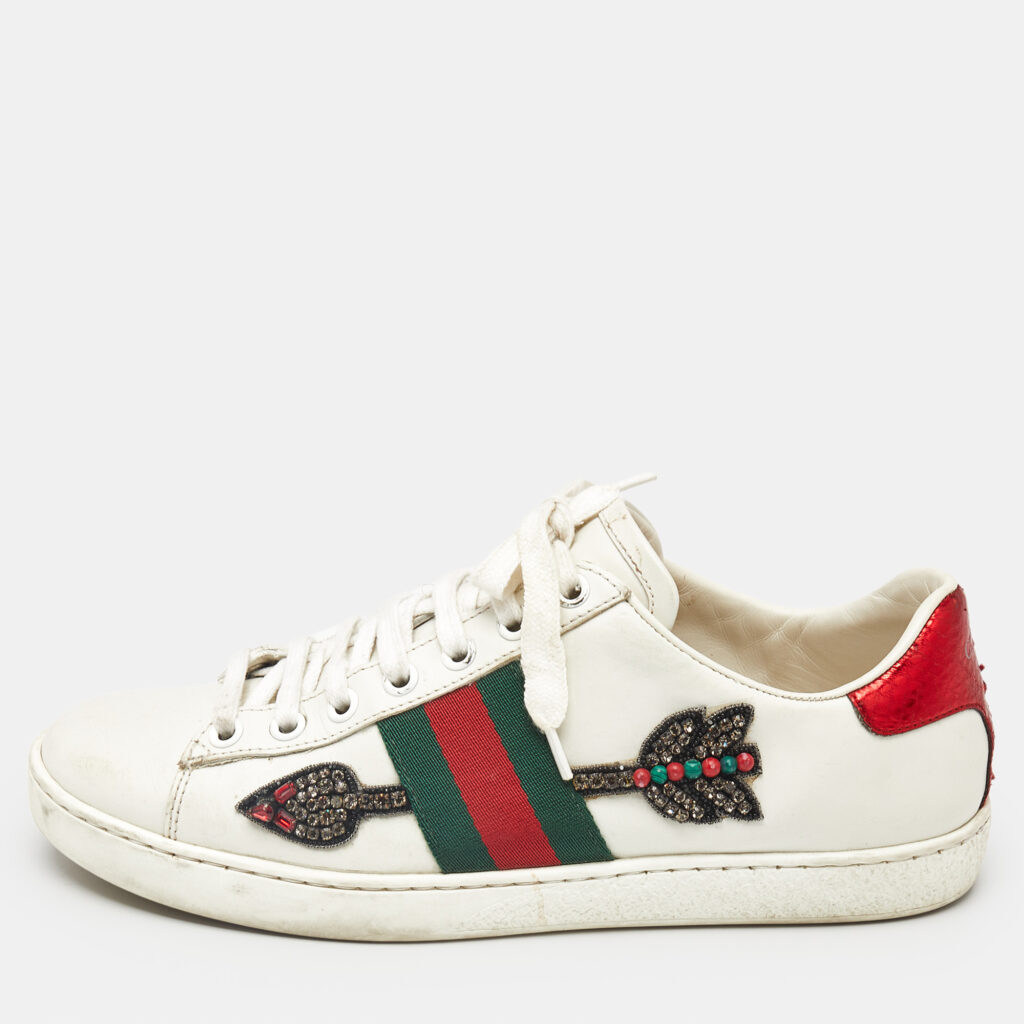 luxury-women-gucci-used-shoes-p1154206-001 Gucci White Leather Ace Arrow Applique Low Top Sneakers Size 36.5