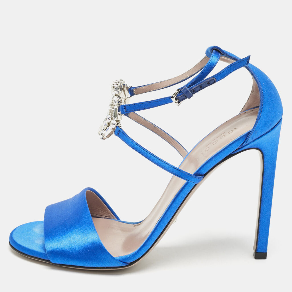 luxury-women-gucci-used-shoes-p1154388-001 Gucci Blue Satin Interlocking G Crystals Ankle Strap Sandals Size 38.5