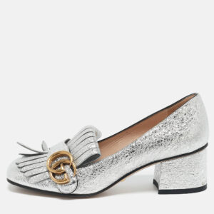 Gucci Silver Foil Leather GG Marmont Fringe Detail Block Heel Pumps Size 35.5