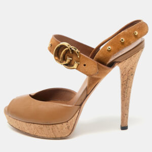 Gucci Brown Leather and Suede GG Cork Platform Peep Toe Slingback Sandals Size 37.5