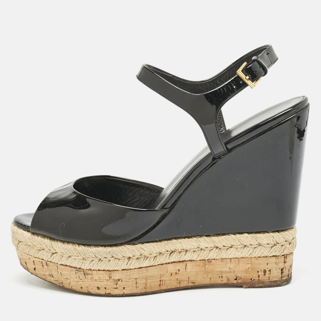 luxury-women-gucci-used-shoes-p1155678-010 Gucci Black Patent Leather Cork Espadrille Platform Wedge Ankle Strap Sandals Size 39.5