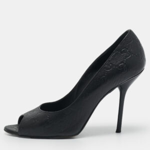 Gucci Black Guccissima Leather Peep Toe Pumps Size 38.5