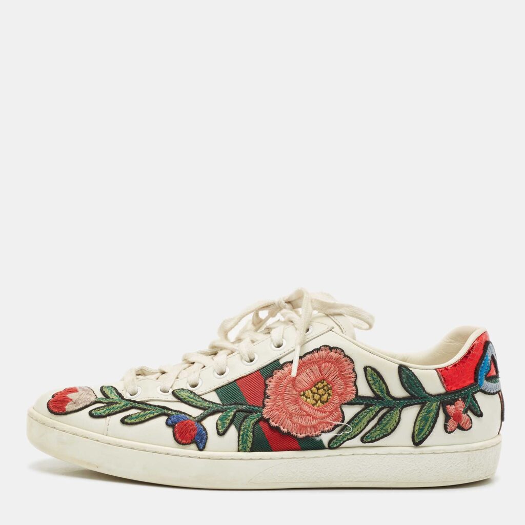 luxury-women-gucci-used-shoes-p1155764-003 Gucci White Leather Ace Floral Applique Low Top Sneakers Size 39.5