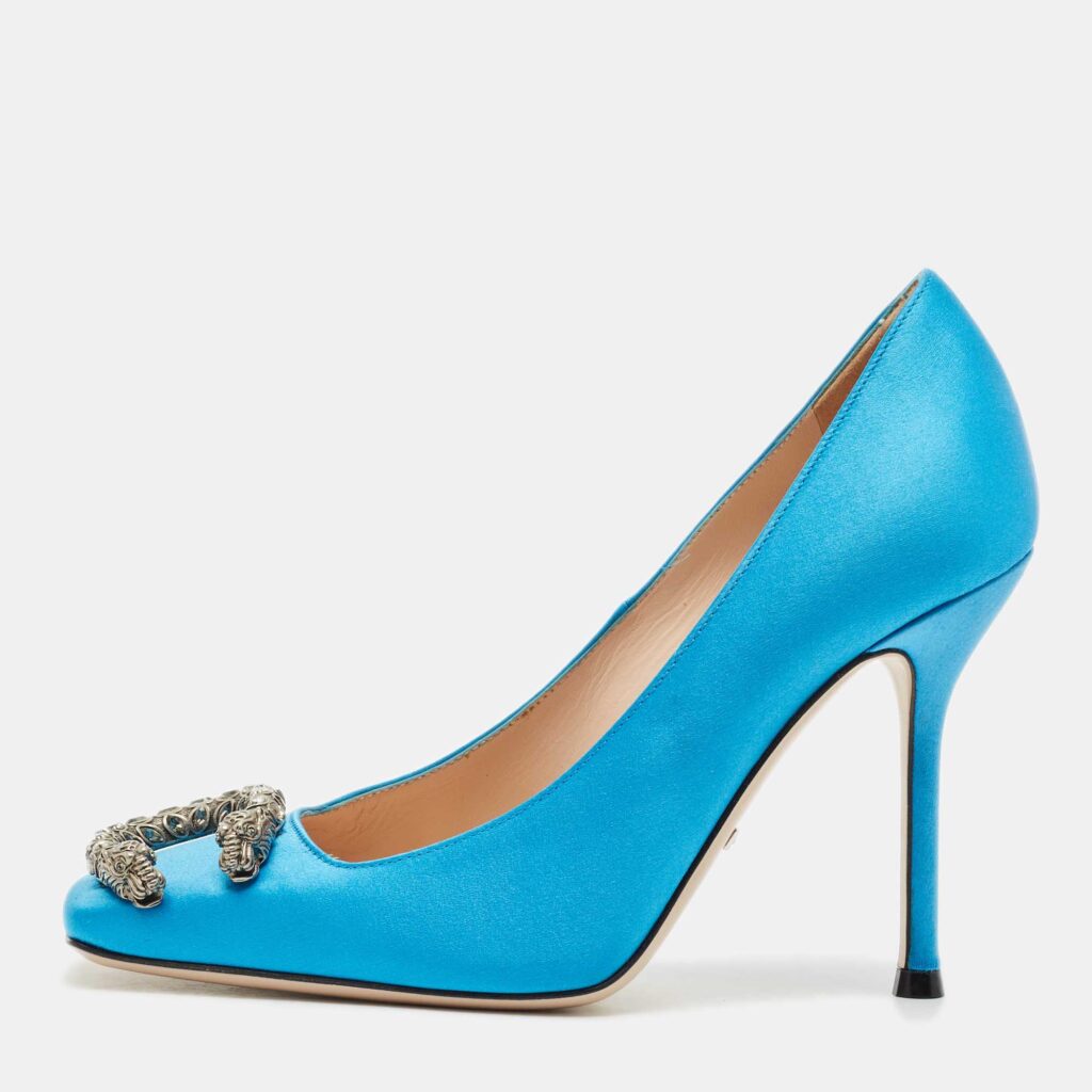 luxury-women-gucci-used-shoes-p1155783-003 Gucci Light Blue Satin Dionysus Square Toe Pumps Size 36