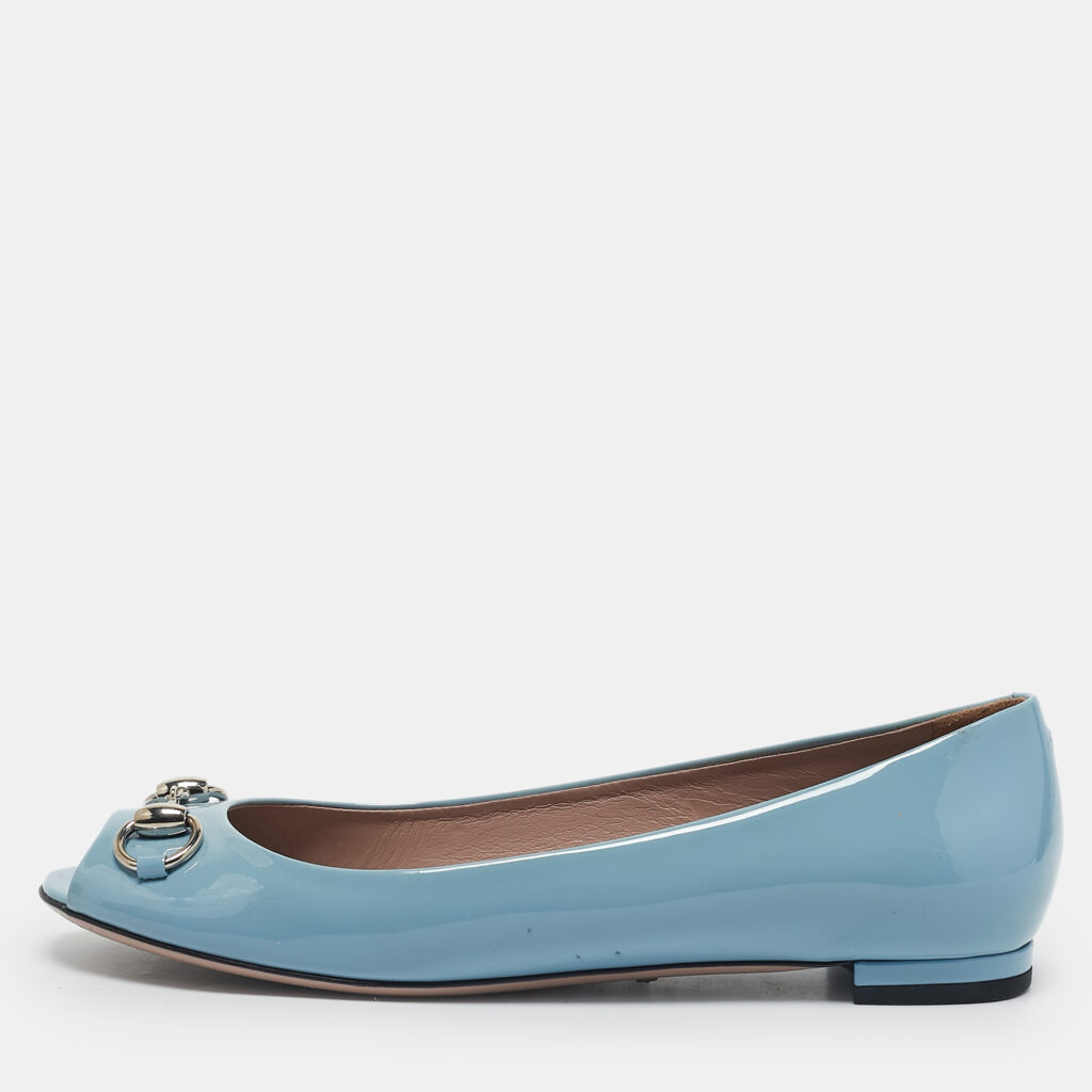 luxury-women-gucci-used-shoes-p1155829-008 Gucci Light Blue Patent Leather Horsebit Peep Toe Ballet Flats Size 37.5