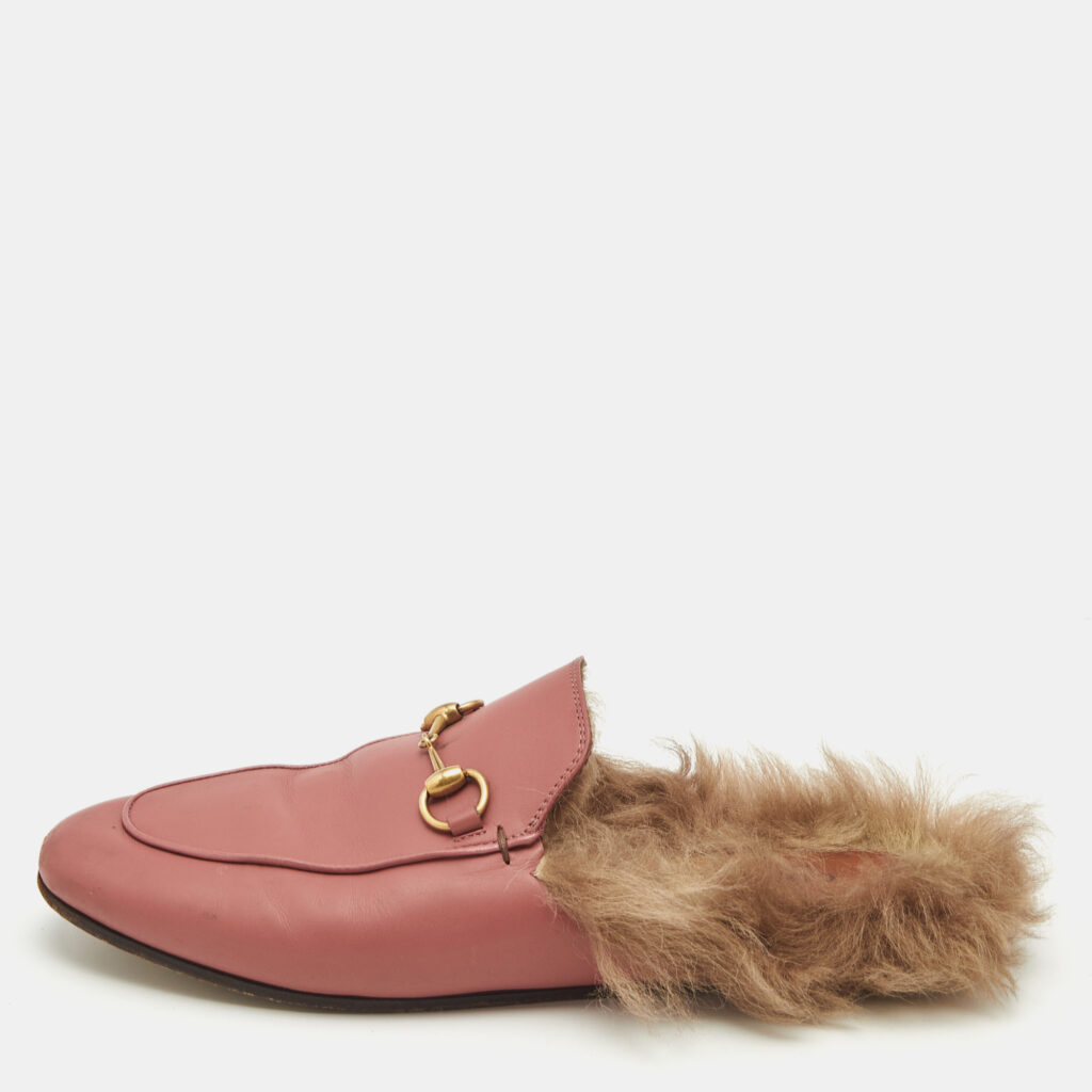 luxury-women-gucci-used-shoes-p1156520-011 Gucci Pink/Brown Leather and Fur Princetown Flat Mules Size 38