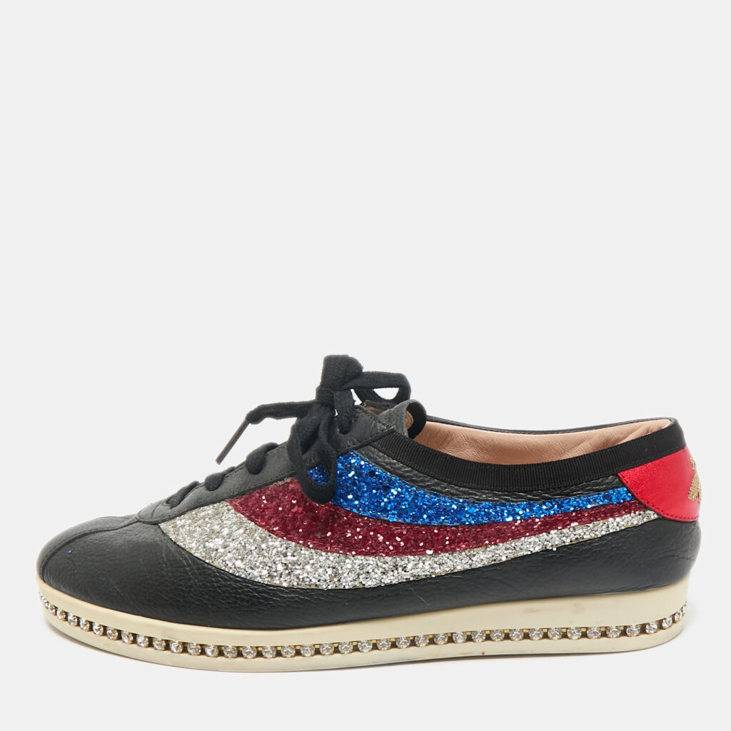 luxury-women-gucci-used-shoes-p1157855-001 Gucci Black Leather and Glitter Falacer Low Top Sneakers Size 39