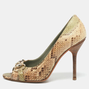 Gucci Beige/Green Python Horsebit Peep Toe Pumps Size 40