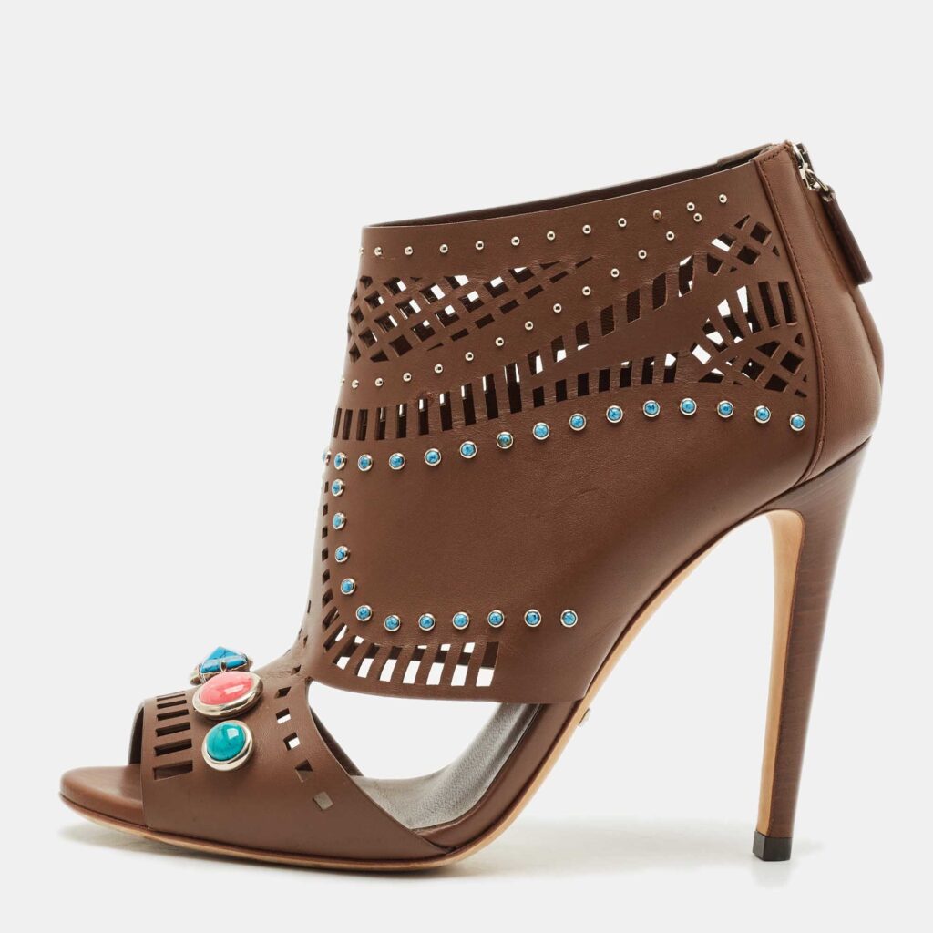 luxury-women-gucci-used-shoes-p1158417-003 Gucci Brown Leather Lika Embellished Booties Size 38.5
