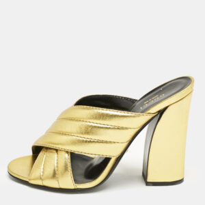 Gucci Gold Quilted Leather Crisscross Block Heel Slide Sandals Size 39.5