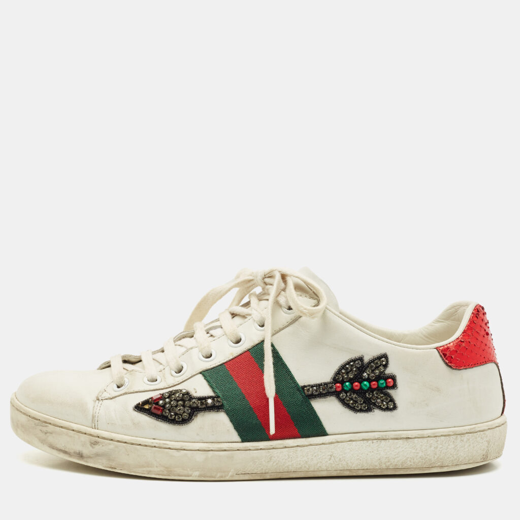 luxury-women-gucci-used-shoes-p1158810-001 Gucci White Leather and Canvas Ace Low Top Sneakers Size 38