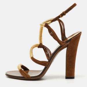 Gucci Gold/Brown Leather and Suede Cord Strappy Sandals Size 37