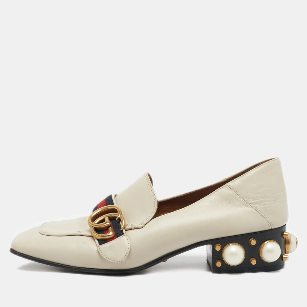 Gucci Off White Leather Interlocking G Horsebit Slip On Loafers Size 36.5