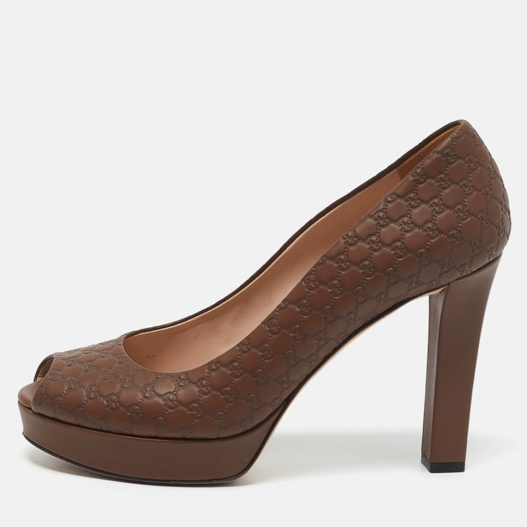 luxury-women-gucci-used-shoes-p1160457-010 Gucci Brown Microguccissima Leather Peep Toe Platform Pumps Size 39
