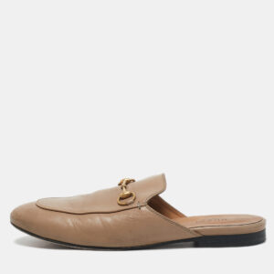 Gucci Beige Leather Horsebit Princetown Flat Mules Size 38