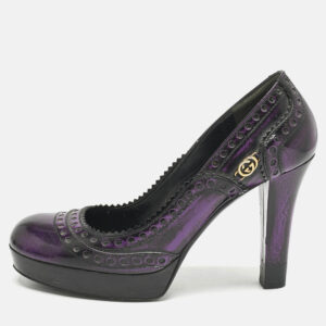 Gucci Purple/Black Leather Brogue Round Toe Platform Pumps Size 37.5