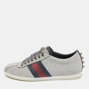 Gucci Silver Glitter Leather Bambi Web Sneakers Size 36