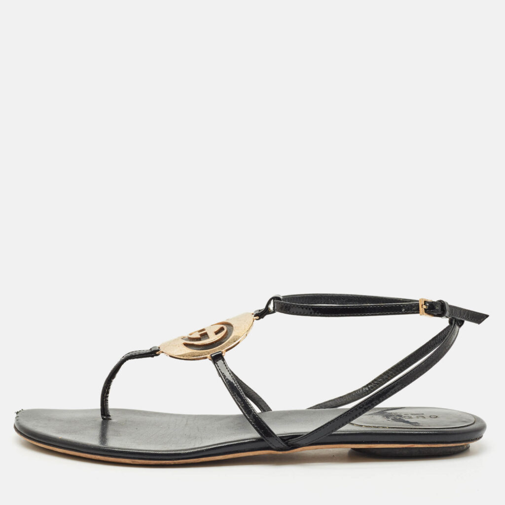 luxury-women-gucci-used-shoes-p1161223-010 Gucci Black Patent Leather Logo Buckle Flat Thong Sandals Size 39