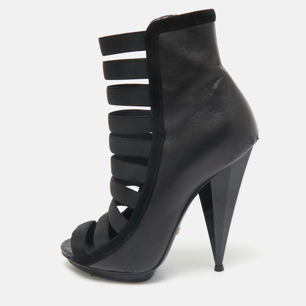 Gucci Black Leather Elastic Olimpia Open Toe Ankle Booties Size 37