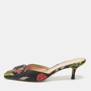 Gucci Black Floral Brocade Fabric Dionysus Square Toe Slip On Mules Size 37